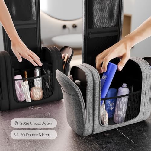 Design 2026 toilettas, XXL, 3-in-1 toilettas om op te hangen, met 9 liter opbergruimte voor dames en heren, make-uptas voor onderweg, grote waszak, roze