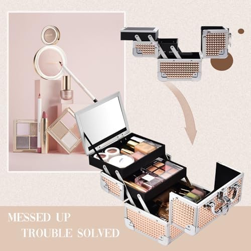 Cosmetica-box, make-uptasje, cosmetica-tasje, etui met meerdere vakken, roségoud
