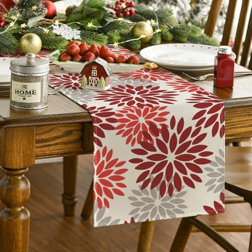 Tafelloper met rode dahlia's en herfstmotieven, seizoensgebonden kerstversiering voor de keukentafel, voor binnen, feestdagen, feestversiering, 40 x 240 cm