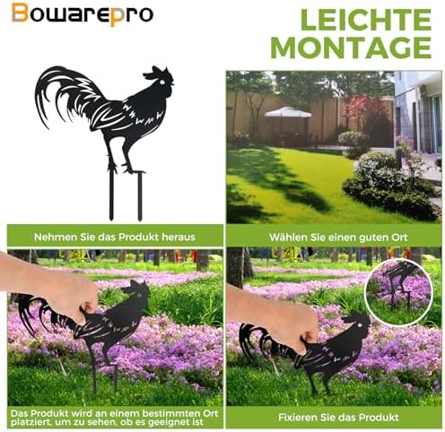 4 metalen kippen, tuindecoratie, haan-decoratie, tuinbordjes, kippendecoratie, handgemaakte tuinfiguren voor buiten, binnenplaats, schutting, tuin (zwart)