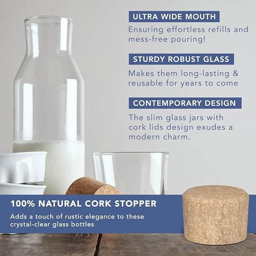 Set van 2 glazen karaffen, 1 liter, heldere glazen fles voor warme en koude dranken, waterkaraffen met kurken deksel, navulbare wasverzachterflessen met S