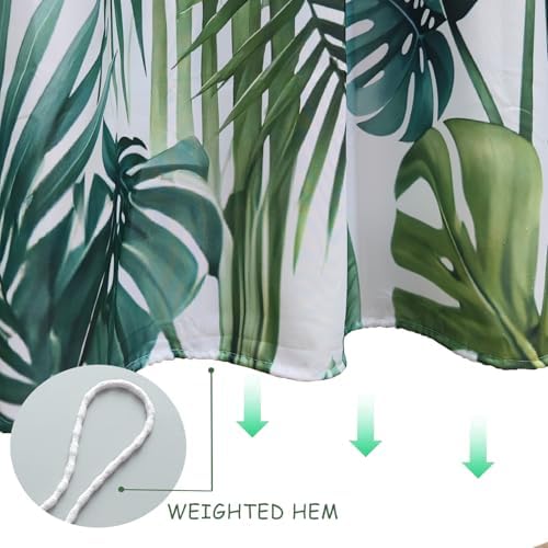 Douchegordijn, 180 x 180 cm, groene bladeren, plantenpatroon, schimmelbestendig en wasbaar, waterafstotend, badgordijn van polyester, douchegordijn, badgordijn met 12 insteekringen en douchegordijnringen