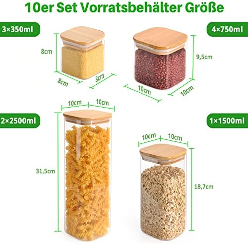 Glazen voorraadpotten met deksel, set van 10, vierkante voorraadpotten, 2500 ml/1500 ml/750 ml/350 ml, grote voorraadpotten, luchtdichte glazen potten, keuken