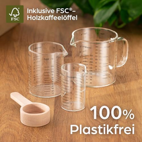 Set glazen maatbekers met schenktuit, 50 ml, 125 ml, 250 ml, nauwkeurige schaalverdeling, stapelbaar, hittebestendig en magnetronbestendig