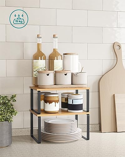 Kruidenrek, set van 4, keukenrek, keukenorganizer, uitbreidbaar, kruidenhouder, stapelbaar, met metalen frame, 19,5 x 29,7 x 15,8 cm, diepzwart-naturel