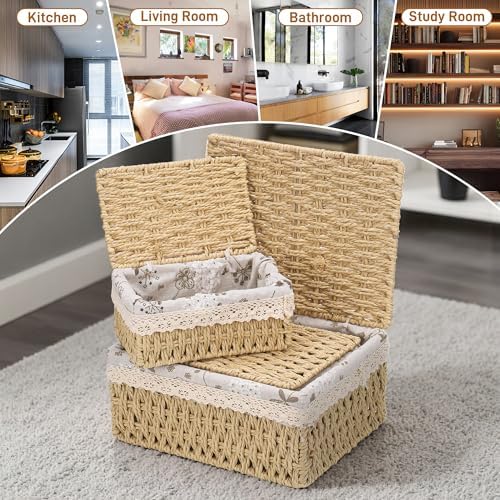 3-delige opbergmand met deksel, decoratieve mand, gevlochten, ruimtebesparende manden, opbergruimte, badkamer, geschenkmand, gevlochten opbergbox met uittrekbaar deel