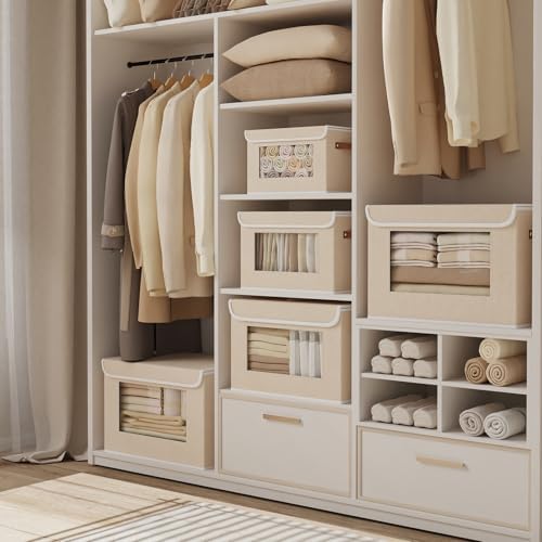 Opbergbox met deksel, stof, kastorganizer, kledingkast, opbergboxen met kijkvenster, opvouwbare box met handvat, 3 stuks, beige, 26 x 20 x 17 cm