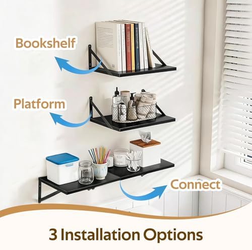 Wandplank 2-delige set, boekenplank voor aan de muur met metalen beugels, houten wandplank, zwevende plank, wandplank, voor woonkamer, keuken, slaapkamer, kantoor, badkamer