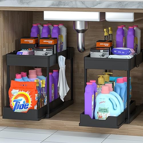 Keukenorganizer, 2 planken onder de gootsteen, keukenkastorganizer met 4 haken, kastmand voor keuken, badkamer, schoonmaakmiddelen, wasmiddelen (zwart)