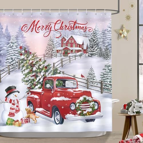 Douchegordijn Kerstvrachtwagen Kerstboom Kerstman Winterdouchegordijnen 180 x 180 cm Schimmelbestendig Waterdicht polyesterweefsel Wasbaar Badkamer