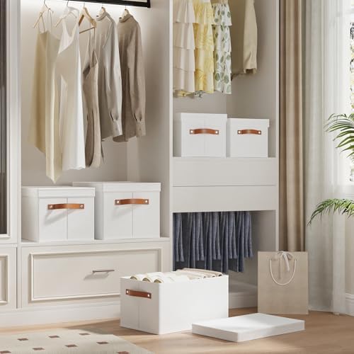 3 stuks opbergboxen, opvouwbare opbergbox met deksel, opbergmanden met handvatten, stoffen boxen voor kleding, wit, 38 x 25 x 21 cm