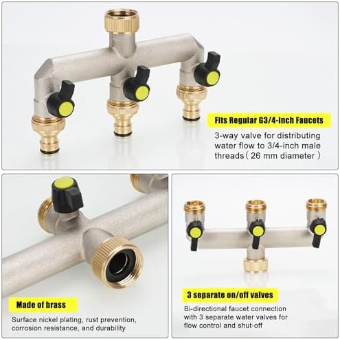3/4-inch 3-weg-verdeler, wateradapter-slang, verdeler, met kogelkranen, verdeelstuk, kraanaansluiting, wateraansluiting, adapter voor huis en tuin,