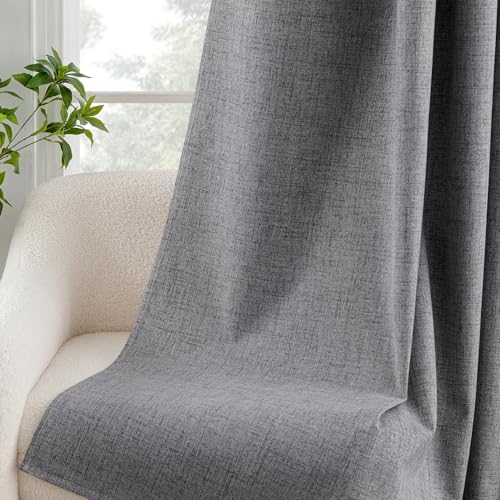 Verduisteringsgordijnen met oogjes, gordijnen, linnenlook, set van 2, 280 x 140 cm, lichtgrijs, ondoorzichtig, met ringen, thermogordijn, koudebescherming
