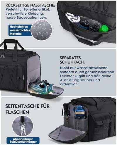 45L sporttas voor dames en heren, 3-in-1 reistas met schoenenvak en natvak, waterdichte gym-duffelbag, sporttas voor outdoor, fitness, Re
