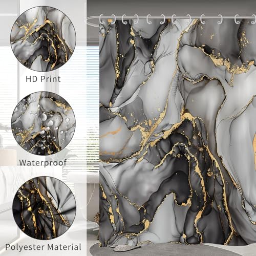 Douchegordijn Marmer 180 x 200 cm, Zwart Grijs Goud Abstract marmeren badkamergordijn Luxueus Modern Esthetisch Kunstdruk Textuur Waterdicht polyesterweefsel W