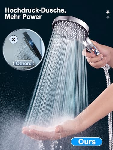 Douchekop met slang, 1,6 m, waterbesparende douchekop met filter, douchekop met 6 straalsoorten, spaardouchekop 7,5 l/min, groot (diameter 130 mm), ch