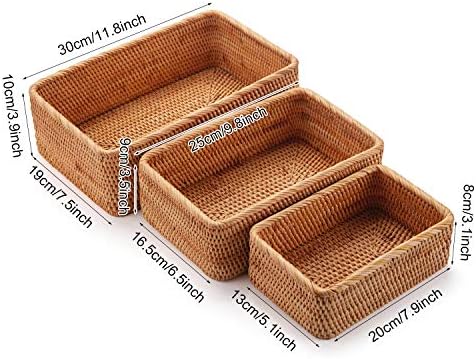 Opbergmand van natuurlijk rotan, rechthoekige, gevlochten opbergbox, stapelbare sleutelhouder voor keukenkastjes en planken, set van 3