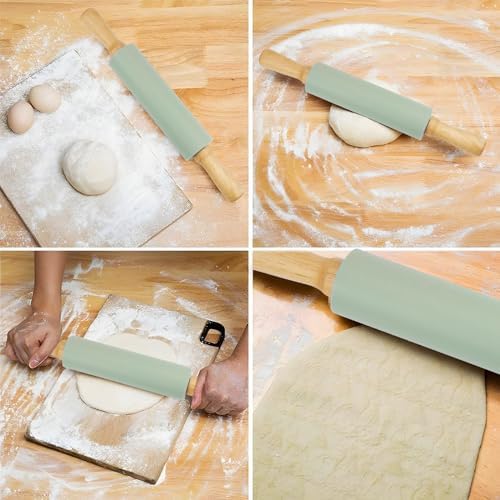 Deegroller, geribbelde deegroller, hout, siliconen, grote deegroller, deegroller met houten handvat en antiaanbaklaag, deegroller, 38 cm, deegroller voor gebak, de