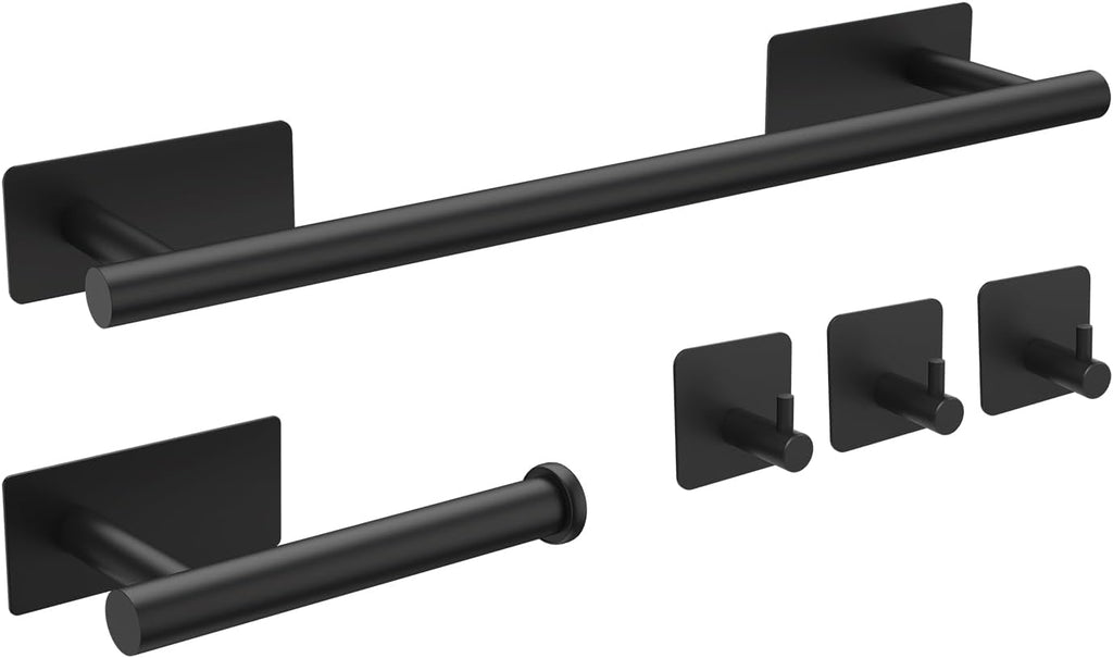 Toiletrolhouder zonder boren, 5-in-1-set, 3 stuks handdoekhaken, zelfklevend, badhanddoekhouder, handdoekhouder, roestvrij staal, zwart