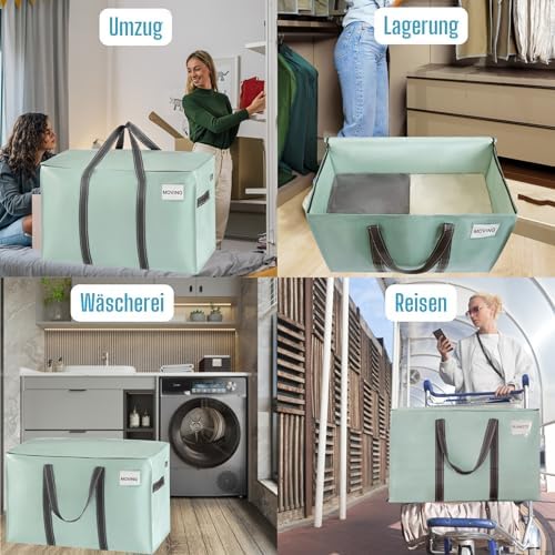 Opbergzak van 102 liter, opbergbox met deksel, stevige verhuiszakken met handvatten en ritssluiting, alternatief voor verhuisdozen, opvouwbare kledingopbergers (lichtgroen