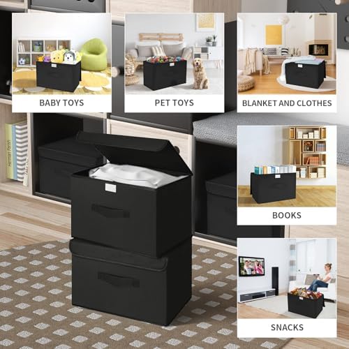 Set van 2 opbergboxen met deksel, opvouwbare opbergbox met handvat, opbergmanden van stof, kledingkast-organizer, opvouwbare box voor kleding, zwart