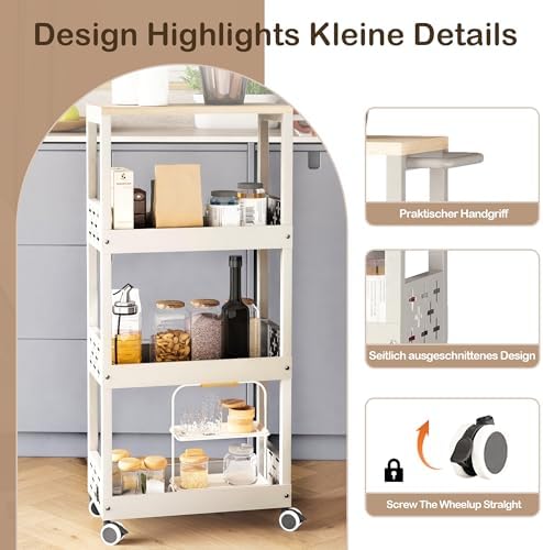 Metalen trolley met 4 niveaus, nischerek op wielen, smalle keukentrolley met werkblad, nischtrolley voor kleine ruimtes, keuken, woonkamer, werkkamer, badkamer (wit)