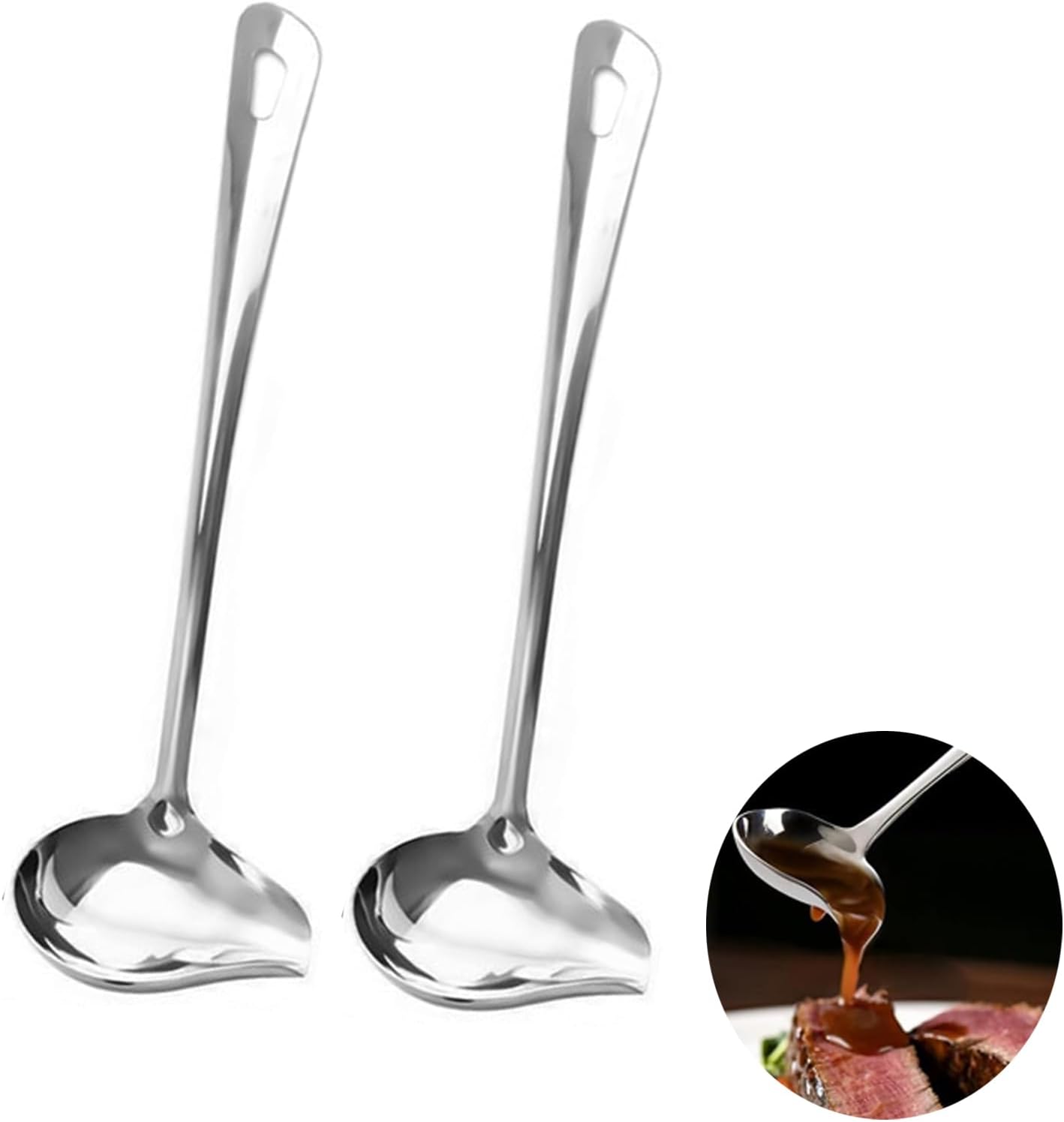 Set van 2 roestvrijstalen sauslepels, 29 cm sauslepel met schuine tuit, sauslepel lengte 29 cm, druppellepel, soeplepelset voor soepen en sauzen,