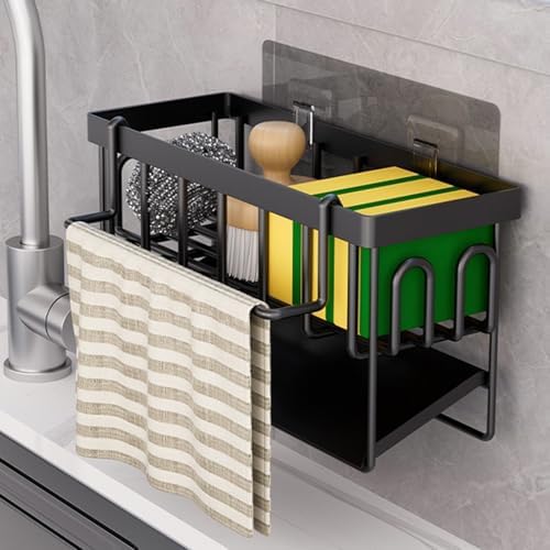 Keukengootsteenorganizer sponshouder – Keukengootsteenorganizer met afneembare theedoekhouder, metalen gootsteenorganizer met automatische afdruipbak