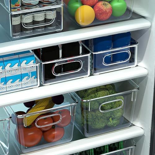 Set van 4 stapelbare koelkastorganizers – 2 grote / 2 middelgrote opbergbakken voor diepvriezers, aanrechtbladen en kasten, doorzichtige kunststof voorraadbakken,