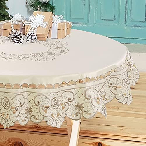 Sourcingmap Linnen Lichtbeige Rond tafelkleed met rozenborduursel voor feestdagen, bruiloften, themafeesten, tafeldecoratie, dressoir, tafelkleed