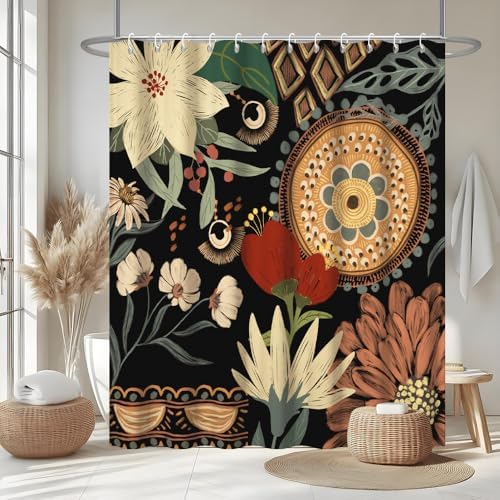 Douchegordijn, 180 x 180 cm, met groene bladeren, boho-bloemen, tropische bloemen, schimmelbestendig, wasbaar, waterdicht, polyester, douchegordijn met 12 haken, voor de badkamer