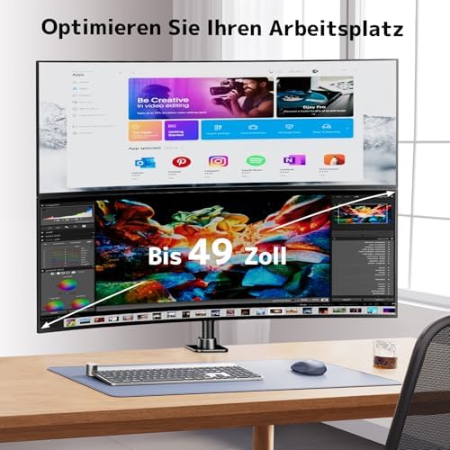Monitorbeugel voor 2 monitoren boven elkaar, in hoogte verstelbare dubbele armstandaard voor 17–49 inch platte en gebogen schermen, tot 20 kg per arm, VESA 75/100 mm (zwart)