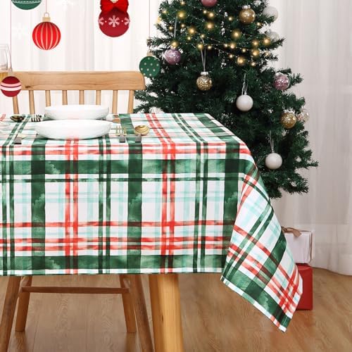 Kersttafelkleed, afneembaar tafelkleed, keukendecoratie, tafelkleed met Vichy-ruitjespatroon, waterbestendig tafelkleed voor de eetkamer, kersttafelkleed S