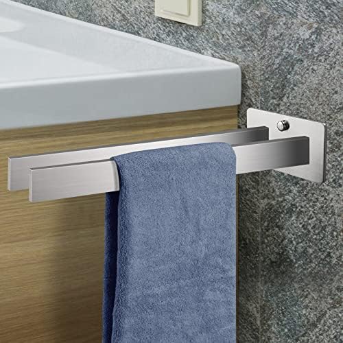 Handdoekhouder van roestvrij staal om in te boren, met twee armen, vierkant, dubbele handdoekhouder, wandmontage voor badkamer en keuken, 39 cm (zilver)