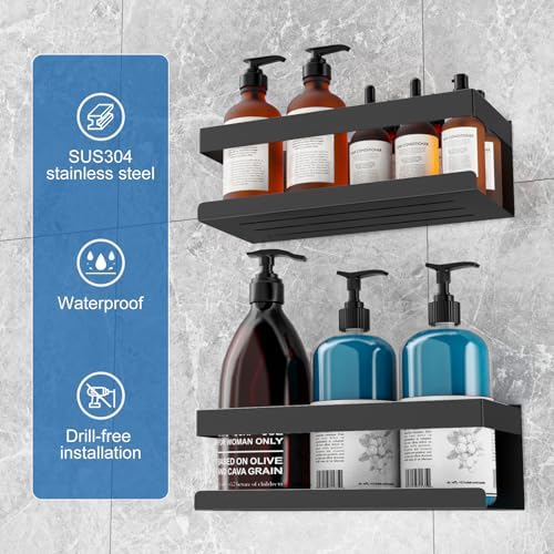 SUS304 roestvrijstalen doucheplank, boren niet nodig, set van 2, badkamerplank-organizer, shampoo- en douchegelhouder voor in de douche (zwart, set van 2