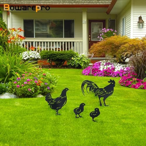 4 metalen kippen, tuindecoratie, haan-decoratie, tuinbordjes, kippendecoratie, handgemaakte tuinfiguren voor buiten, binnenplaats, schutting, tuin (zwart)