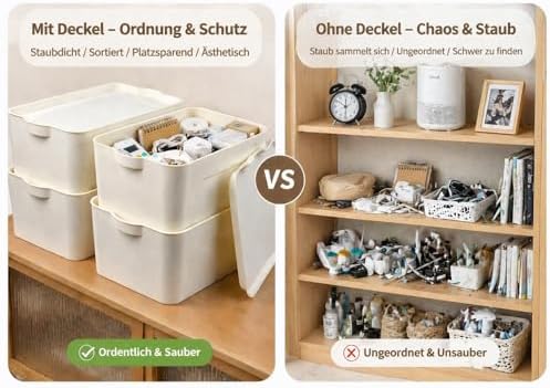 Set van 4 opbergdozen met deksel, 15 l kunststof (PP) opbergdoos, stapelbare kunststofdoos voor keuken, badkamer, slaapkamer, kleedkamer, kantoor, stevig