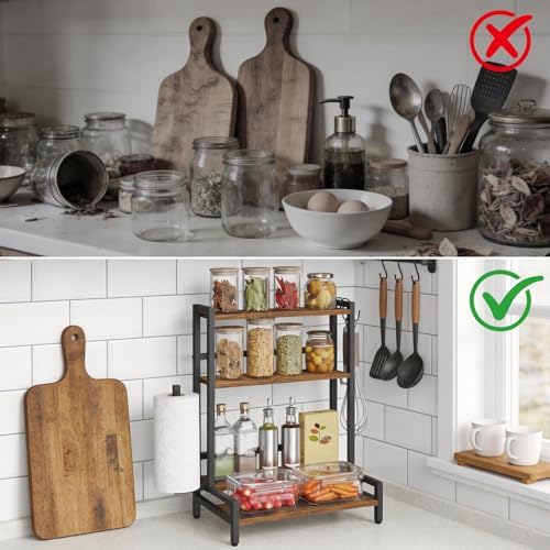 Kruidenrek met 4 niveaus, keukenrek met 2 afneembare haken, keukenrolhouder en verstelbare voetjes, keukenorganizer, rek voor de keuken, E