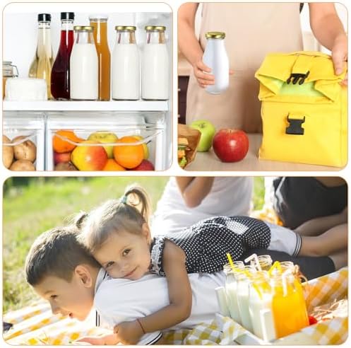 Set van 4 glazen flessen van 330 ml: smoothiefles, melkfles met deksel en rietje, herbruikbare sapflessen om te vullen met sap, smoothies, melk, voor school,