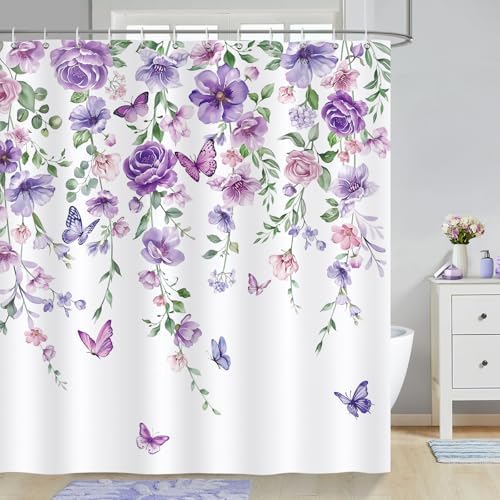 Douchegordijn Paarse bloemen Vlinders Aquarel Bloemen Bladeren Douchegordijnen 180 x 180 cm Schimmelbestendig Waterdicht Polyesterweefsel Wasbaar Badkamer