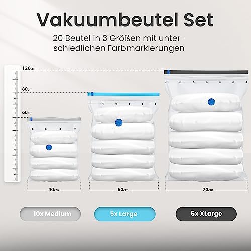 Vacuümzakken voor kleding, set van 20, 3 maten, vacuümzakken voor stofzuigers, herbruikbaar, 100% luchtdicht & robuust, compressiezakken voor op reis, kledingzakken, opberging