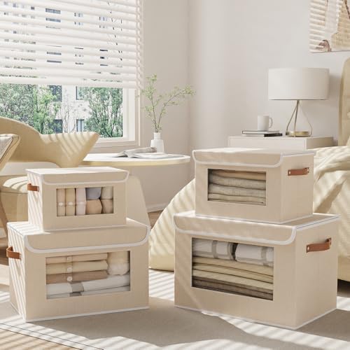 Opbergbox met deksel, stof, kastorganizer, kledingkast, opbergboxen met kijkvenster, opvouwbare box met handvat, 3 stuks, beige, 26 x 20 x 17 cm