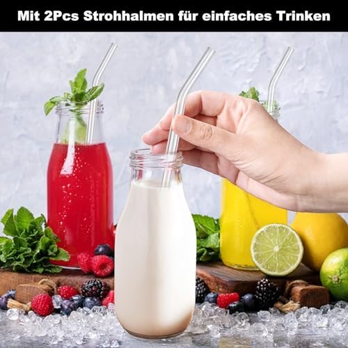 Set van 4 glazen flessen van 330 ml: smoothiefles, melkfles met deksel en rietje, herbruikbare sapflessen om te vullen met sap, smoothies, melk, voor school,