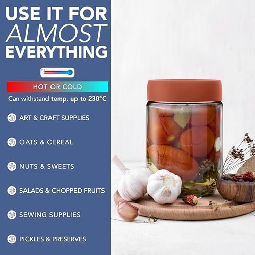Havermoutpotten met deksel voor overnight oats, 600 ml, met luchtdichte, kleurrijke schroefdeksels, voedselveilige glazen ontbijtpotten met deksel voor yoghurt en chia-pudding, 600 ml, herbruikbaar