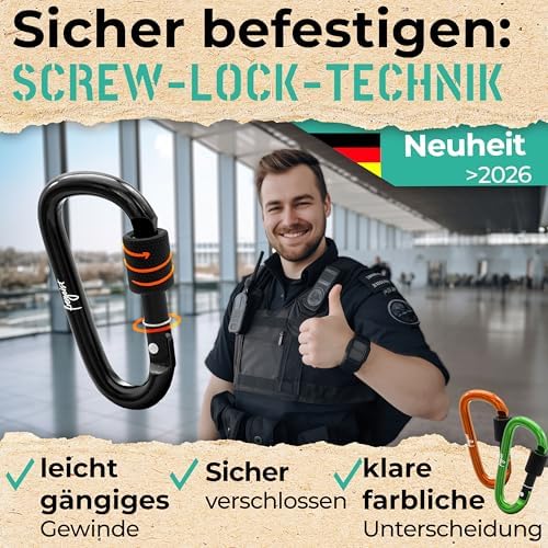 Karabijnhaken, klein pakket van 10 stuks, karabijnhaak-sleutelhanger, karabijnhaak met schroefsluiting + stopper, kleurrijke karabijnhaak-sleutelhangers, 7,5 cm grote karabijnhaak