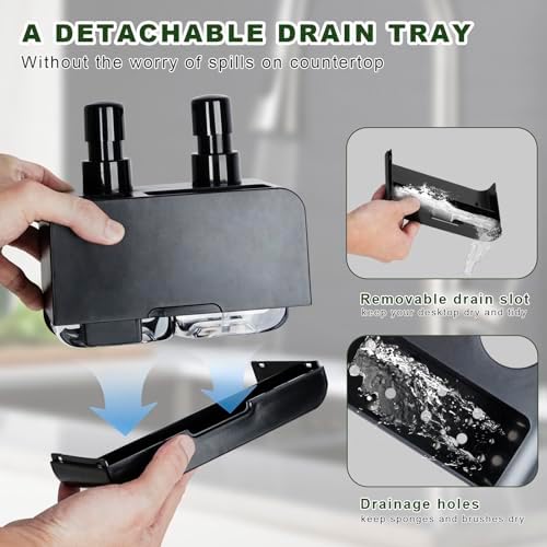 Keukenzeepdispenser, hand- en afwaszeepdispenser en sponshouder met borstelhouder, 3-in-1 werkbladorganizer voor keukengootsteen, zwart