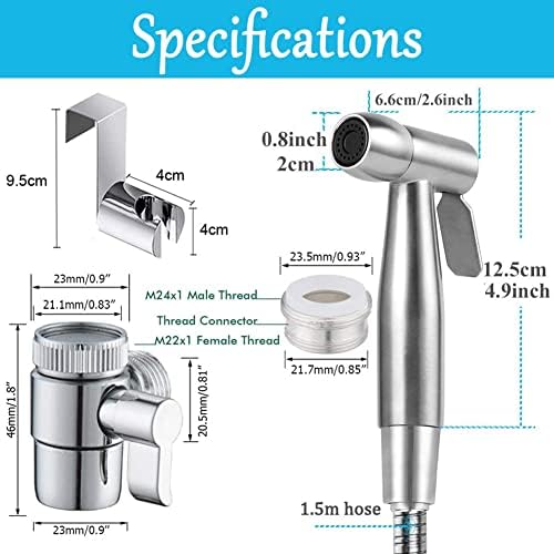 Roestvrijstalen bidet-handdouche, islamitische roestvrijstalen douche en sproeiset voor katoenen luiers met M22 x M24-aansluitingen, doucheschakelaar, omschakelklep, Ho