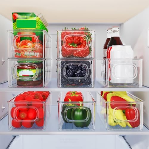 Koelkastorganizer, set van 6, stapelbare keukenopbergbakjes, koelkastbakjes met handvat, transparante voedselbewaring voor kasten, vriezer, voorraadkast – BPA-vrij