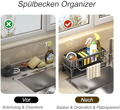 Afwasbak-organizer, afwasbak-organizer met zelflozende afvoerbak voor sponshouder, handdoekhouder, theedoekhouder, super-organizer voor