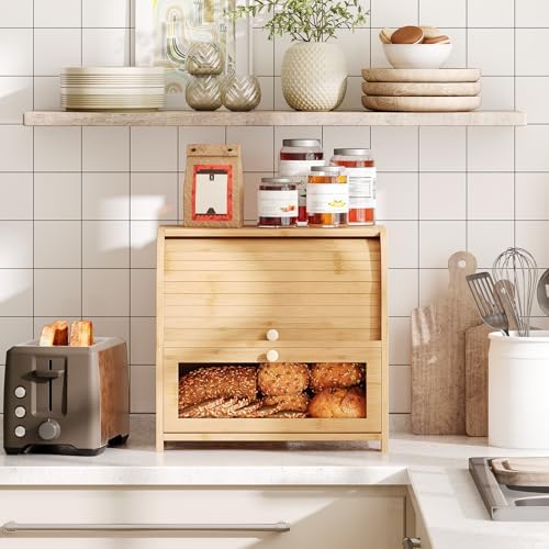 Bamboe broodmand, broodmand met 2 verdiepingen, broodkist, broodbewaarkist met roldeksel en vitrine, broodbak voor broodjes en gebak, voor in de keuken en